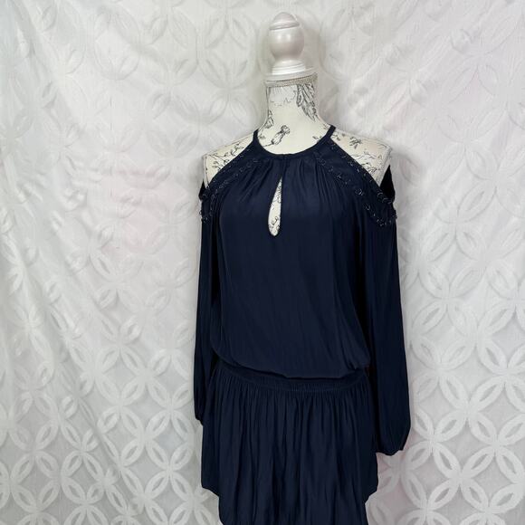 Ramy Brook Cold Shoulder Navy Blouson Satin Mini Dress Size XS - Picture 2 of 10
